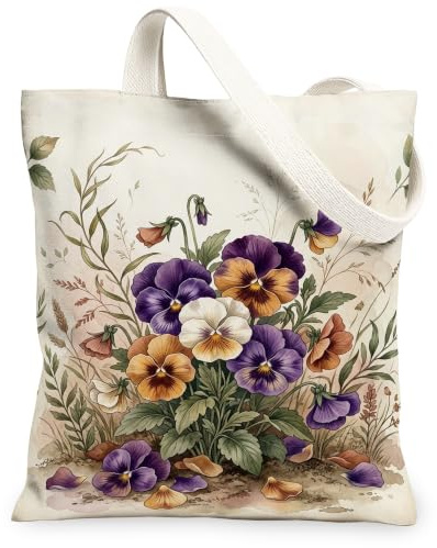 Pansy - Bolsa de lona para comestibles, diseño floral vintage con hojas de primavera, color violeta, 13 x 15 pulgadas