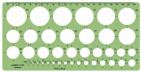 Linex 1116S Kreisschablone, 39 Kreise von 1-35 mm, Tuschenoppen, für Tuschefüller bis 0,5mm, mm-Skala an einer Seite, 240 x 120 mm