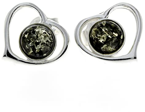 Äkta runda baltisk bärnsten och 925 sterling silver hjärtan örhängen - 5948, Sterlingsilver, Bärnsten