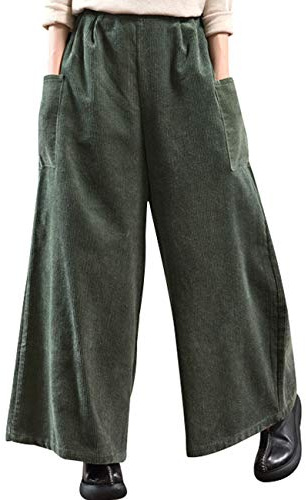 Youlee Donna Inverno Vita Elastica Corduroy Pantaloni Pantaloni a Gamba Larga Style 1 Dark Green