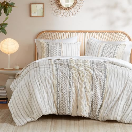 INK+IVY King Comforter Set, Boho Comforters, Breathable Cotton Bed Set, All Season Modern Chenille Tufted Comforter with Farmhouse Bedding Flare, Gifts for Women, Ivory 3 Piece