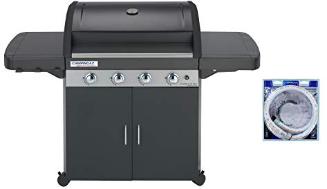 Campingaz Barbecue à gaz Class 4 LD Plus, 4 brûleurs, Puissance 12.8kW,Système de nettoyage facile InstaClean, grille et plancha en fonte double émaillage, 2 tablettes latérales + Campingaz 204665 Tuyau Souple à Visser de 1.25m pour Barbecue à Gaz