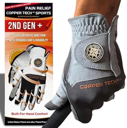 Copper Tech Plus Golf Gloves Men Right Handed Golfer or Left Handed Golfer (2nd Gen) | Copper Compression Joint Support Golf Glove (Charcoal/Grey, Medium-Large, Left)