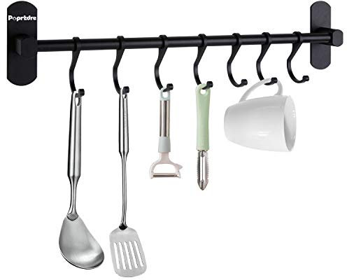 Poprkdre Hakenleiste Küche ohne Bohren, Selbstklebend Küchenschiene mit 7 Haken, Kleiderhaken ohne Bohren, 20kg Tragfähigkeit, Aluminium, Matte Finish, Schwarz