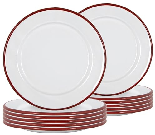 Argon Tableware Enamel Side Plates - 20cm (8inch) - Red - Set of 12 Small Dish Coloured Rim Dessert Plates Metal Enamel Tableware Dinner Set for Kitchen, Dining, Serving, Camping & Outdoor Use