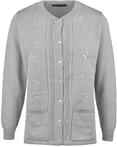 Maan Store Women’s Ladies Round Neck Button-Up Cardigan with Front Embroidery and Two Pockets