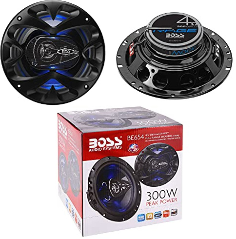 2 altoparlanti compatibile con BOSS AUDIO SYSTEMS BE654 BE 654 coassiali a 4 vie 6,5 16,5 cm 165 mm 150 watt rms 300 watt max 4 ohm 90 db con led blu e sospensione in gomma, a coppia