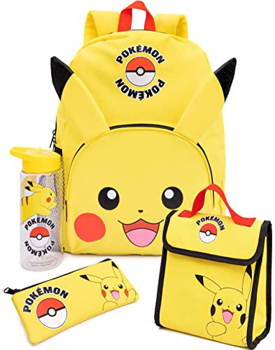 Pokemon Backpack for Kids | Pikachu Merchandise Girls Boys Pokeball 3D Ears School Rucksack, Pencil Case, Water Bottle