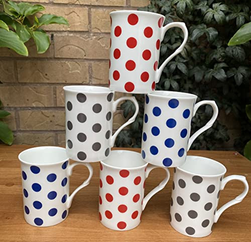 Set of 6 Fine Bone China Polka Dot Mugs – 2 Red, 2 Blue, 2 Grey Spots, 300ml Tea/Coffee Cups – Dishwasher & Microwave Safe Gift Set