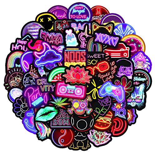 Sun Awesome Pack of 100 Cute Kawaii Anime Vinyl Stickers for Car Laptop Children Teenagers Adults (Neon Pattern)