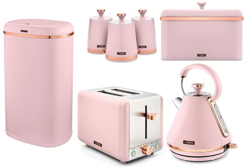 Tower Cavaletto Pink & Rose Gold Pyramid Kettle, 2 Slice Toaster, Bread Bin, Set of 3 Canisters & 58L Sensor Bin. Contemporary Matching Kitchen Electrical & Accessories Set of 7