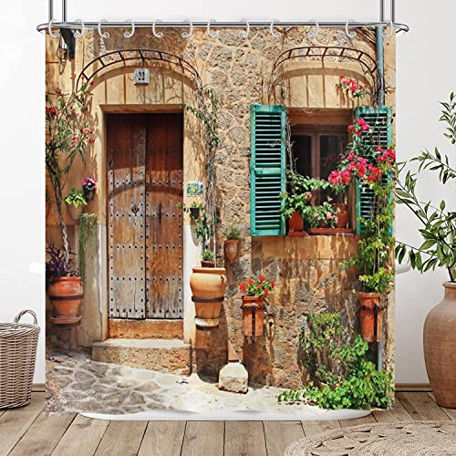 Hnmdmyi Cortina de Ducha 3D 180x200, Jardín Flores Paisaje Calle Avenida Vintage Look Piedra Pared con Puerta Cortina de Baño Tejido Poliéster Impermeable Lavable Cortina de Baño con Ganchos