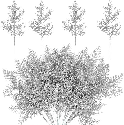 MWOOT 16 Piezas Ramas de Pino Artificiales con Purpurina, Falsas Agujas de Pino Navidad Plata, Púas de Vegetación para DIY Manualidades Guirnalda Árbol de Navidad Mesa Decoración del Hogar y Jardín