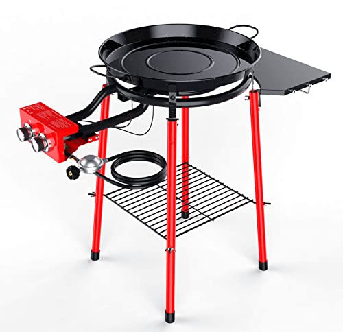GRISUN Juego de paelleras con quemador de paella, sartén de acero esmaltado de 24 pulgadas con estante lateral, 4 patas reforzadas con estante inferior, quemador de paella con manguera reguladora e