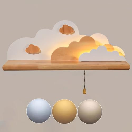 KZT LED Holz Wandleuchte Kinder Dimmbar Nachttischlampe mit Zugschalter Modern Kinderzimmer Wandlampe mit Ablag Wolke Nachtlicht für Junge Mädchen Babyzimmer Schlafzimmer Wohnzimmer Kinderlampe
