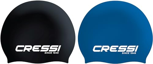 CRESSI Eddie Swim Cap Bundle - Two Unisex Swimming Caps, Black/White + Blue/White, One Size