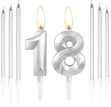 Kuchen-Kerzen-Set zum 18. Geburtstag, Zahl 18, mit 6 langen Kerzen für Party, Hochzeit, Jahrestag, Dekoration