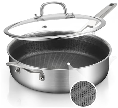 Saute Pan with Lid 5-Quarts,12.5 Inch 18/10 Tri-Ply Nonsitck Large Frying Pan, Up to 600℉ Full Clad Stainless Steel 3 Layer Deep Frying Pan with Stay Cool Handle, Dishwasher and Metal Utensil Safe