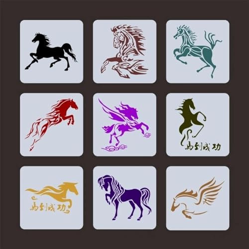 Zeichenschablonen-Set, 9 Stück, 13 x 13 cm, Tiere, Pferd, Schablonen zum Malen auf Holz, Wand, Stoff, Stein, Boden, Fliesen, Kunsthandwerk Schablonen für Heimdekoration