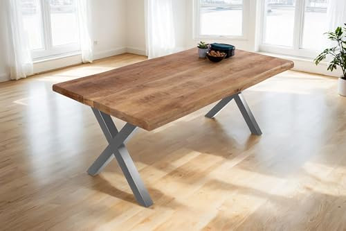 SAM Esstisch Cali | 200 x 100 cm | Mangoholz | Farbe: Natur/rau | X-Gestell Metall Silber | Massivholz mit echter Baumkante | pflegeleichter Baumkantentisch/Esszimmertisch