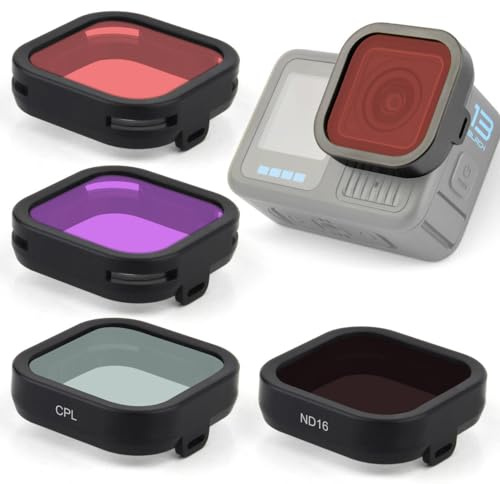 GEPULY Schnorchelfilter für GoPro Hero 13 Schwarz Unterwasserzubehör, 4 Stück Go Pro ND-Filter-Set CPL/ND16/Rot/Magenta, Filter für flaches Tauchen, Neutraldichte, Zirkular-Polarisator, Farbkorrektur