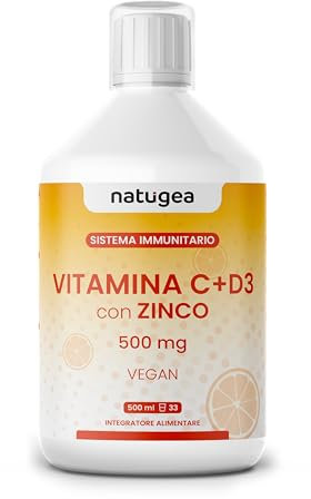 Natugea - Integratore Liquido Vitamina C, Vitamina D3 e Zinco, Integratori Sistema Immunitario e Energia, con Misurino Incluso, Rafforza Difese Immunitarie, Formula Liquida e Vegana, 500 ml