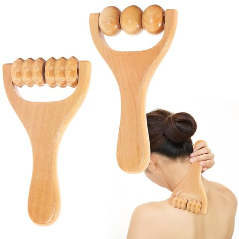 Riisoyu 2 Stück Faszienstab Holz, Rückenmassageroller Faszienrolle mit Griff Massageroller Holz Massage-Werkzeug Massagestäbchen für Rücken Beine Nacken Körper Muskelentspannung