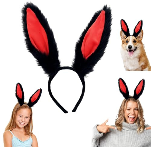 JSGBZK Serre-tête oreilles de lapin, adorables oreilles de lapin en peluche, accessoires de déguisement, oreilles de lapin pelucheuses, décoration pour fête de Pâques (noir et rouge)