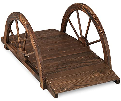 GOPLUS Puente de Jardín de Madera Abeto de 100 cm, Puente de Arco con Barandillas de Seguridad en Forma de Rueda, Puente Decorativo para Estanque Patio Jardin Arroyo Granja, 101,5 x 48,5 x 38 cm