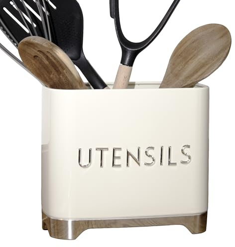 Darthome Vanilla Cream Kitchen Utensils Pot 20x17.5x10cm Glossy Metal Cutlery Storage Caddy Organiser