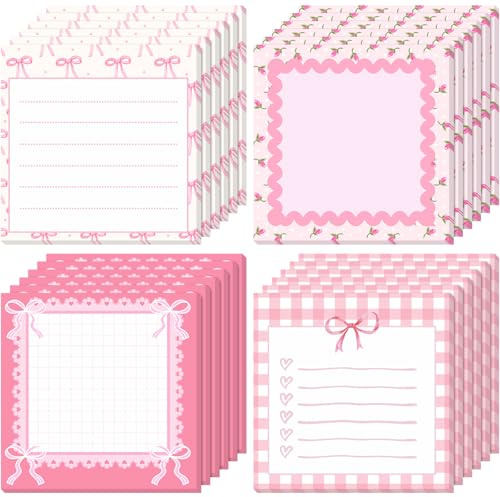 Thenshop 24 Pad/720 Sheets Coquette Bow Sticky Notes 3 x 3 Inch Cute Bow Sticky Note Pads Coquette Stuff Ribbon Notebook Memo Pads School Supplies for Women Party Favors(Pink)