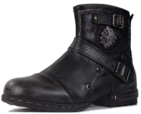 OSSTONE Herren Stiefel aus Rindsleder Lederstiefel mit Gummisohle Biker Boots mit Reißverschluss Männer Stiefeletten OS-5008-1-BP-DE-R