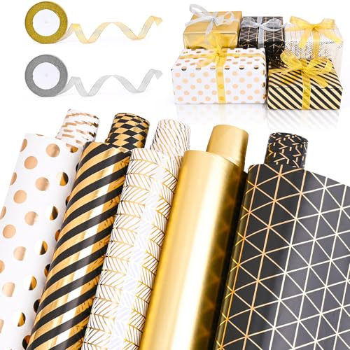 HOMIKLSA Lot de 5 rouleaux de papier cadeau noir et doré (43 cm x 300 cm) avec ruban adhésif doré pour grand festival, anniversaire d'enfant, mariage, fête prénatale