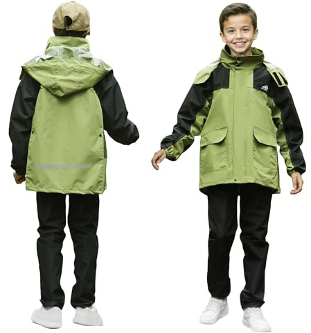 Baogaier Tuta Antipioggia per Ragazzi, Giacca Impermeabile e Pantaloni, Set Completo Pioggia Leggero Traspirante con Cappuccio e Custodia, Impermeabili Abbigliamento per 9-10 anni, Verde