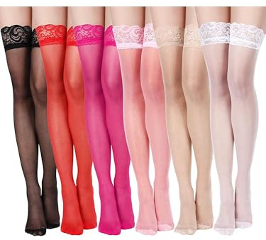 Geyoga 6 Pairs Women's Lace Thigh High Stockings over The Knee Stockings for Women Sheer Thigh High with Lace Top (Black,White,Skin Color,Red,Rose Red,Pink,L)