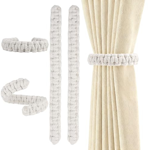 4 Pezzi Ferma Tenda Intrecciato a Man,24 x 2 cm Fermatende Corda Fermatenda Tenda in Cotone Naturale,Laccetti per Tenda,Cordoncino di Cotone,Fermatendas,Ferma Tende per Uffici,Camere da Letto