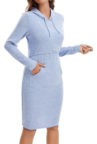 Sosolism Stillkleider Damen Stillpullover Langarm Still Minikleid,Hellblau,Größe L