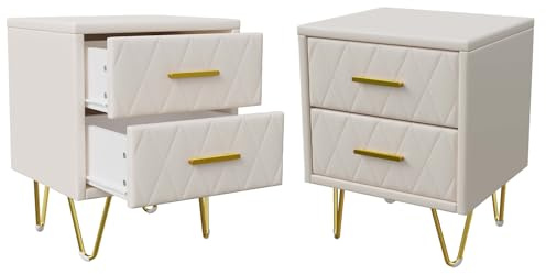 HFASD Set med 2 vadderade nattduksbord med 2 lådor, smalt nattduksbord med guldmetallben och handtag, modern sidobyrå för vardagsrum sovrum (beige)