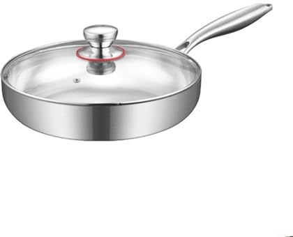 Sandyseptember Sartén de acero inoxidable de triple capa con tapa, diseñada para inducción y todo tipo de estufas, con mango resistente al calor y base plana resistente a la deformación (24 cm)