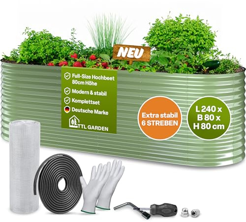 TTL GARDEN 240x80x80cm Nature L Metall Hochbeet Salbeigrün Stahl verzinkt | - Rostfrei verzinkt lackiert Wellblech oval 80cm hoch sehr stabil Garten Beet für Gemüse Kräuter Blumen Gartenbeet Gemüsebeet
