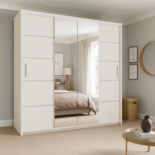 LAVENDER Matt Finish Sliding Mirror Wardrobe, MDF Bedroom Storage with Chrome Handles, Shelves & Rails 150/180/203 cm White, Grey, Black. (White, 180cm)