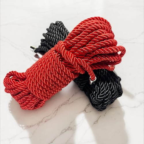 Soft Silk Braided Rope Set, Black and Red, 32ft x 8mm, Skin-Friendly Material, 2 Pack, Smooth Strong Ends, for Intimate Play