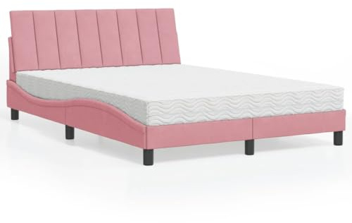 Yunovire Hanko Stoppad säng med madrass, rosa sammet, 140 x 190 cm, vågdesign, inklusive sänggavel, H2/H3 vändmadrass för sovrum