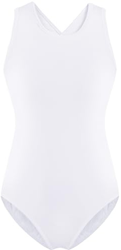 XiaoMoSha Gymnastics Leotards for Girls Hollow Back Dance Ballet Outfit Sleeveless Unitards Tank Bodysuit for Kids White 7-8 Years