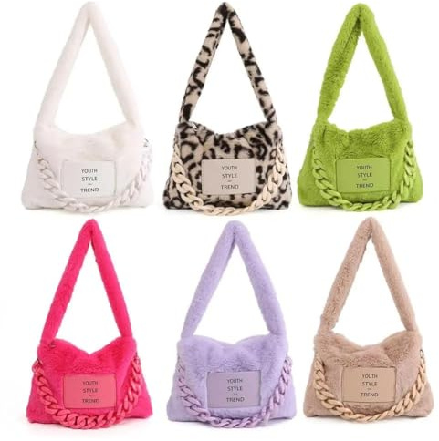 Plyschväska, plyschväskor, dam, vinterväskor, leopardmönster, sebra-leopardmönster, fluffig tote, små händer för kvinnor, Rosa röd, Taille unique