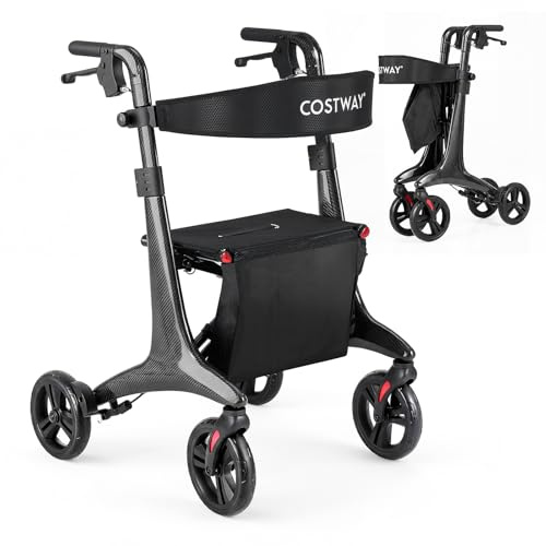COSTWAY Carbon Fiber All Terrain 4 Wheel Rollator Walker with Seat, 6kg Ultralight Folding Walker with Storage Pocket, Height Adjustable Walking Aid Frame for Seniors & Disabled, 136kg Weight Capacity