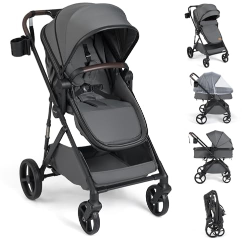 COSTWAY 3 in 1 Baby Stroller, Foldable Travel System Pram with Reversible Seat, Adjustable Canopy & Backrest, Mesh Net, Storage Basket, Lightweight Infant Newborn Pushchair for 0-36 Months (Grey)