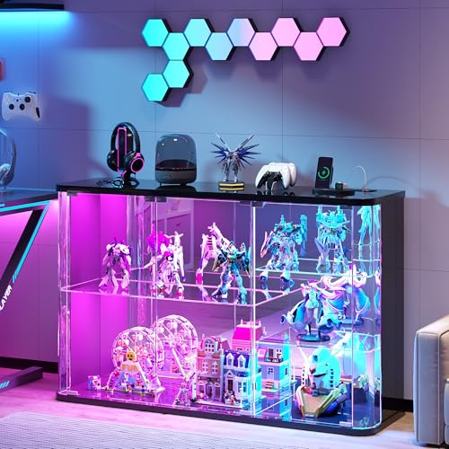 TAGELIER RGB Glasvitrine mit LED Beleuchtung für Sammlerstücke, Schwarz | Bewegungssensor Vitrinenschrank Vitrine für Figuren, Trophäen & Medaillen