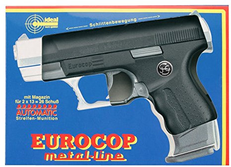 J.G.Schrödel Euro-Cop Pistole: Spielzeugpistole für Zündplättchen, ideal für das Polizeikostüm, 13 Schuss, in Box, 16.5 cm, schwarz / silber (306 0096)