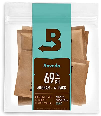 Boveda für Zigarren/Tabak | 2-Wege-Feuchtigkeitsregulierung mit 69% relativer Feuchtigkeit | Größe 60 zur Verwendung für jeweils 25 Zigarren im Humidor | 4 Stück